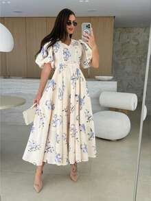 Women Elegant Boho Floral Print A Line Casual Midi Dress - White - View 1