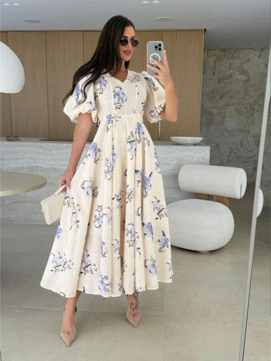 Women Elegant Boho Floral Print A Line Casual Midi Dress - White - View 1