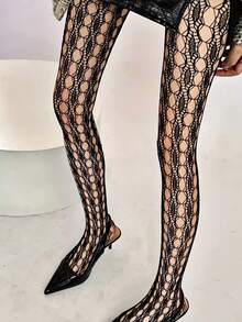 黑色性感火辣女孩镂空网眼袜朋克哥特风Y2K连裤袜，适合日常派对、外出等场合。 - 黑色 - 查看 5