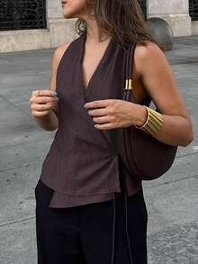 PoPoHouse 女士亚麻露背吊带性感无袖系带V领背心日常休闲办公通勤商务夏季度假外出穿搭棕色上衣 - 棕色 - 查看 3