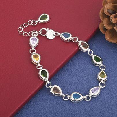 Vòng tay mạ bạc 925 cao cấp hình giọt nước đính đá Zirconia màu sắc tinh tế - Phụ kiện trang sức thời trang dành cho nữ dự tiệc và đám cưới.