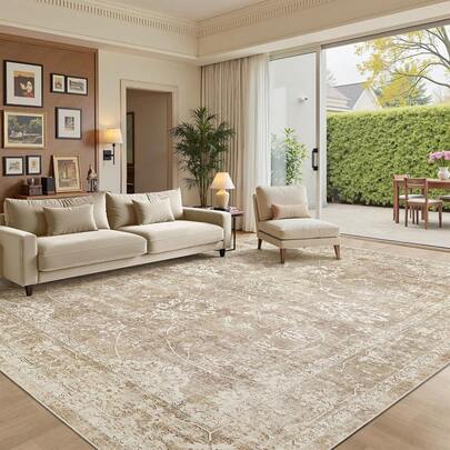 Alfombras de área de 8x10 pulgadas para la sala de estar, alfombra vintage lavable a máquina con respaldo antideslizante, alfombra grande suave, alfombra delgada para dormitorio, comedor, estilo rústico (8 X 10, Beige/Marrón)