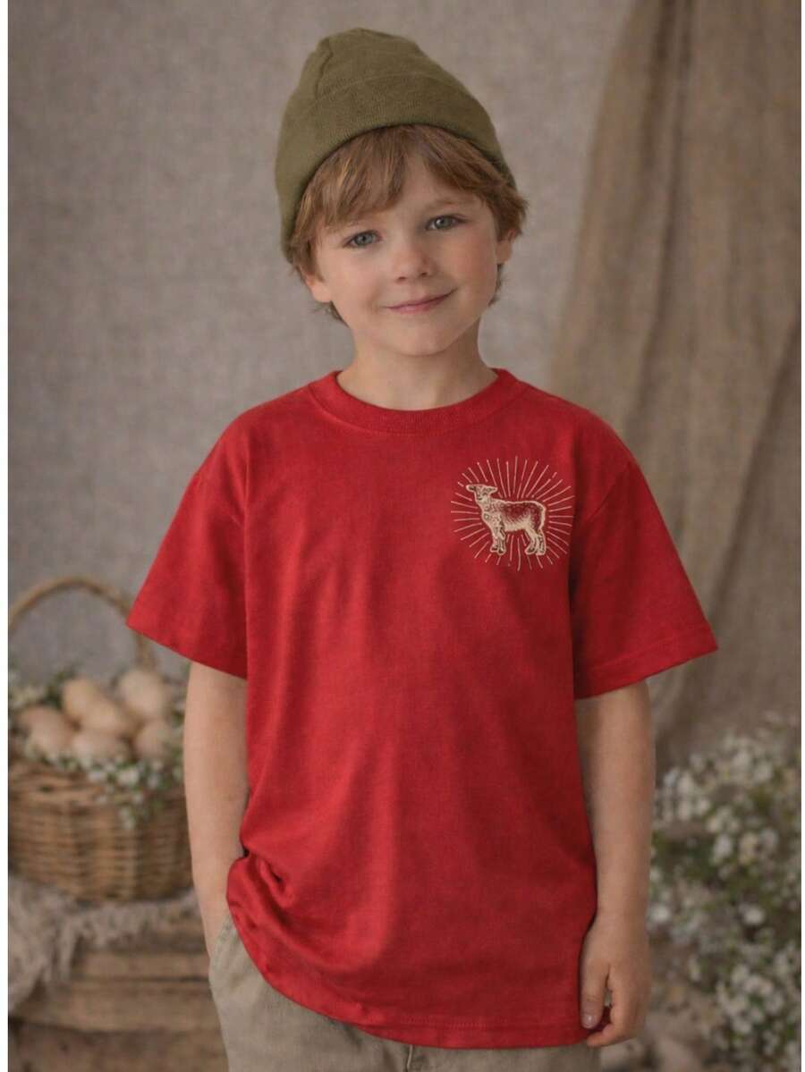 Children's T-Shirt With Christian Easter Design, Lamb Of God, Vintage Print. - 紅色 - 查看 1