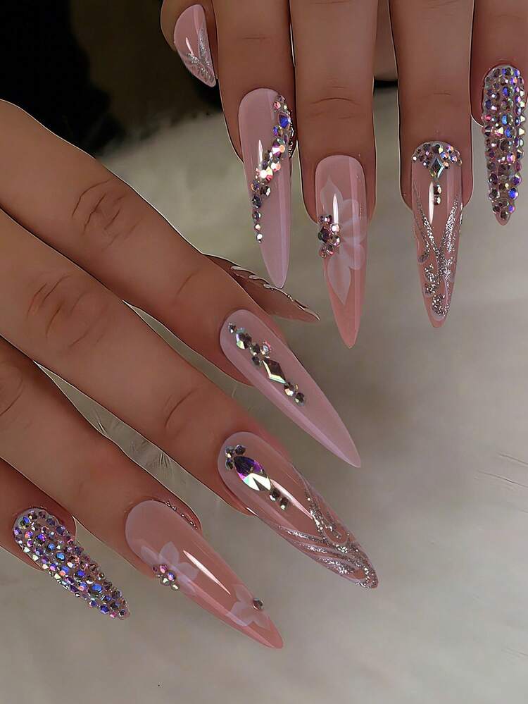 Y2K French-Style Luxury Long Stiletto Heel-Shaped Press-On Acrylic Nail Art, 24 Pieces With 3D Flowers And Dazzling Rhinestone Embellishments On The False Nail Tips, DIY Handmade Nail Stickers, Includes Gel And Nail File, Suitable For Women's Daily Commute, Parties And Festive Celebrations. - Baby Pink - View 4