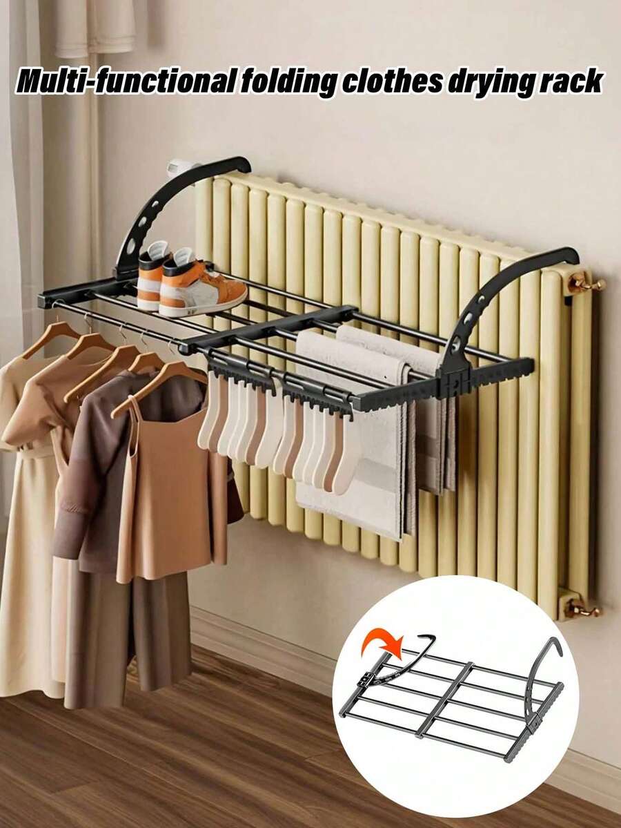 1pc Foldable Telescopic Metal Drying Rack, Radiator Drying Rack, Balcony Hanging Rack, No-Drill Wall-Mounted Carbon Steel Drying Rack, Thickened Load-Bearing Rust-Proof, Multi-Bar Partition Design, Can Hang Clothes, Clothes Hanger Rack, Suitable For Bay Window, Balcony Installation, One No-Drill Anti-Slip Stainless Steel Indoor/Outdoor Universal Radiator Drying Rack