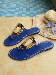 New Gold Color Sandals For Women, Summer Outdoor Wear Metal Buckle Flat Thong Slippers - Royal Blue - View 7