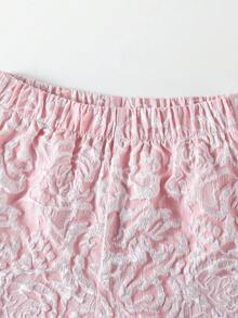 2件組女童幼兒休閒戶外套裝，可愛風格，3D蕾絲設計花卉玫瑰提花圓領背心上衣搭配波浪設計鬆緊腰短褲，夏季款，適合返校、家庭旅行、社交聚會、日常穿著 - 粉色 - 查看 7