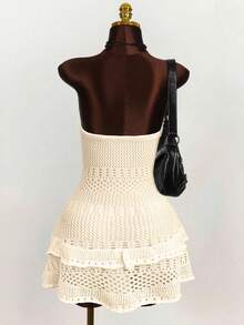 Mejors Vestido de Praia Feminino Y2K Sexy Casual de Tricô para o Verão, Cor Sólida com Amarração Frontal em Crochê Vazado, Ideal para Raves, Festivais de Música Country, Férias na Praia e Estilo Boho na Primavera - Damasco - Ver 8