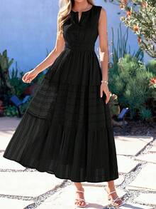 Women Summer Boho Sleeveless V Neck High Waist A-Line Flowy Long Maxi Dress Spring Holiday Hawaii Beach Vacation Party Sundress Outfits - 黑色 - 查看 5