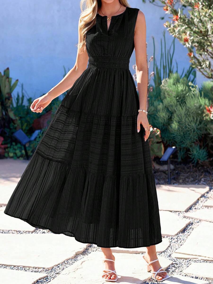 Women Summer Boho Sleeveless V Neck High Waist A-Line Flowy Long Maxi Dress Spring Holiday Hawaii Beach Vacation Party Sundress Outfits - màu đen - Xem 1