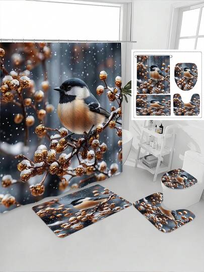 1/4件套毛绒雪鸟栖息雪枝金色浆果印花防水浴室帘套装，宁静疗愈，防水，防霉，加厚涤纶材质，免打孔安装，防滑垫，吸水马桶垫，数码印花，不易褪色，可机洗，四季皆宜，节日限量版