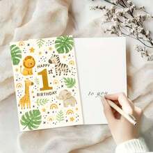 1/3 Sets Cute Animal Theme 1st Birthday Greeting Cards With Envelopes, Featuring Illustrations Of Lion, Giraffe, Zebra, Elephant And Tropical Leaves, Perfect Memento For Friends, Birthday Or Special Celebration - Multicolor - View 2