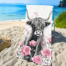 1pc Floral & Cow Print Beach Towel, Soft Comfortable Lightweight Beach Blanket, Suitable For Travel, Swimming, Diving, Surfing, Yoga, Camping, Beach Accessories - SSTJ11667 - View 6