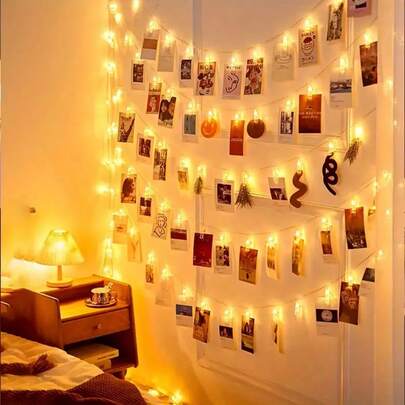 1pc 1.5M10led/3M20led Light Battery Powered Decorative Light String Peg String Lights(Battery Not Included),Perfact For Indoor Decor/Holiday/Birthday/Party/Room Decor