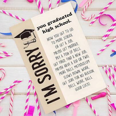 一套 - 搞笑高中毕业贺卡及信封，送给毕业生父母的趣味祝贺礼物，12年级毕业贺卡礼物，“对不起，你高中毕业了”