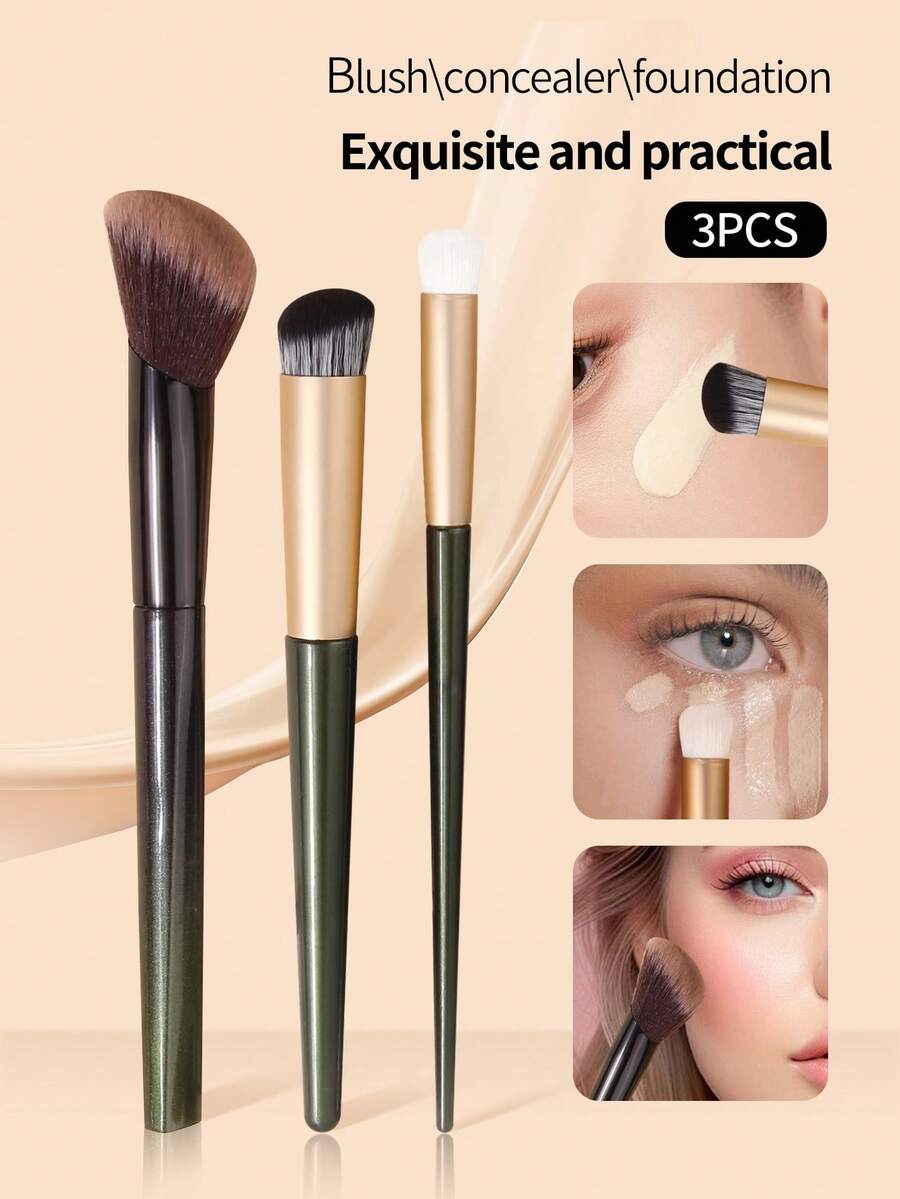 Bộ 3 cọ trang điểm màu xanh quân đội gồm cọ che khuyết điểm và cọ nền, cán mạ ngọc trai, cọ vát, cọ tròn, cọ tạo khối, dụng cụ trang điểm cho người mới bắt đầu và chuyên nghiệp, dùng trong gia đình, ngoài trời, unisex.
