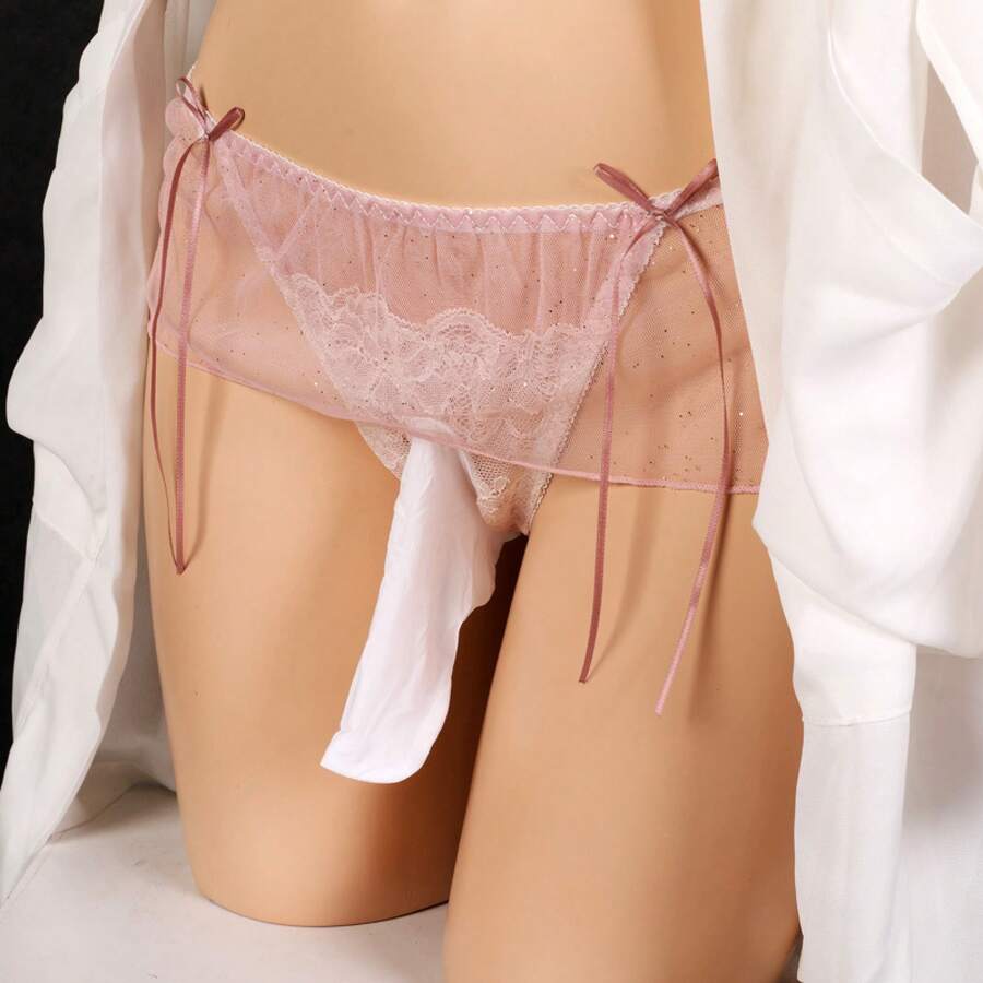 Men's Lace Thong Underwear Sheer Mesh G-String Low-Rise Erotic Shorts Cosplay Crossdresser - 粉色 - 查看 1
