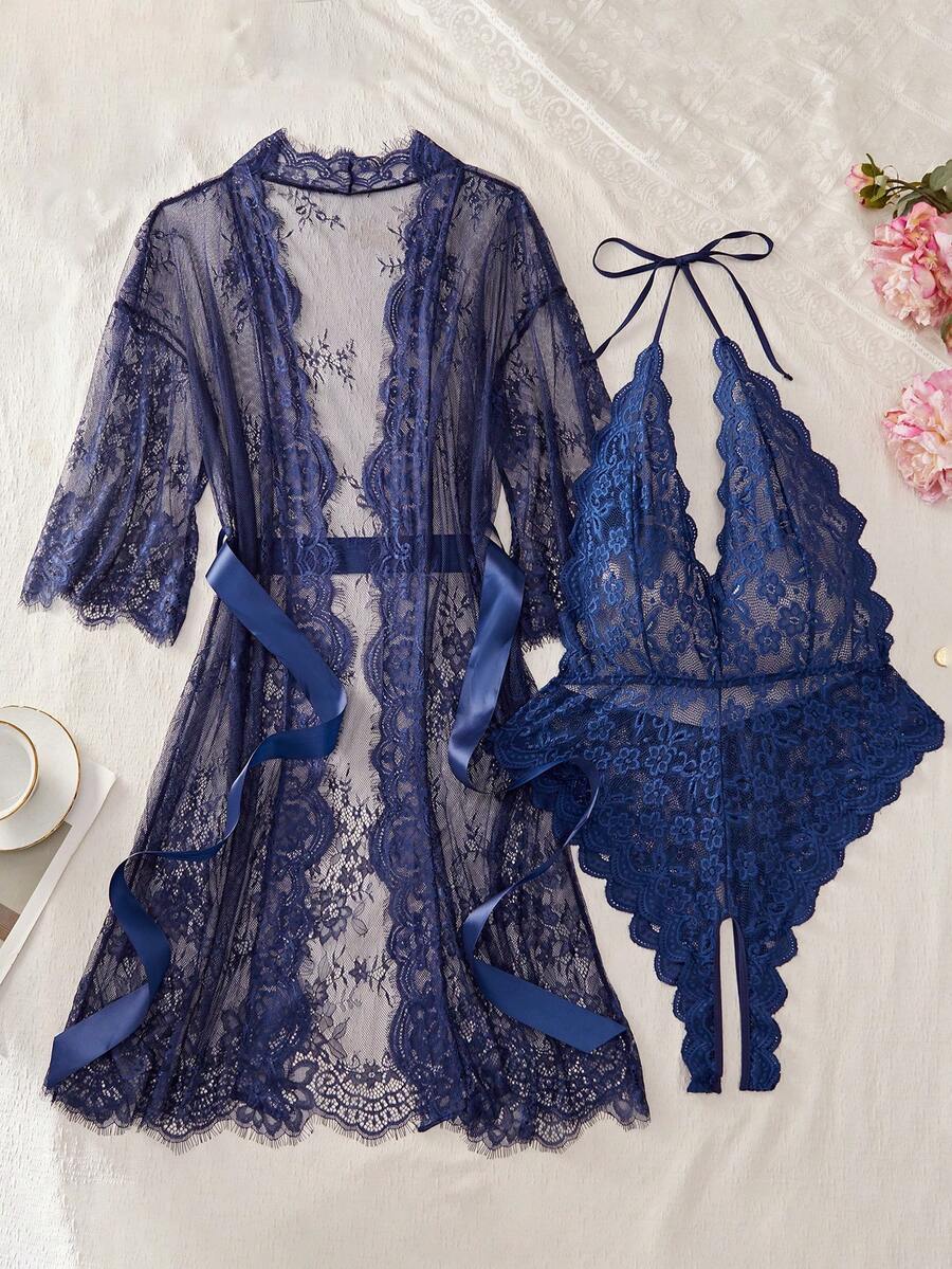 Conjunto de pijama de talla grande con combinación de encaje y mono sexy