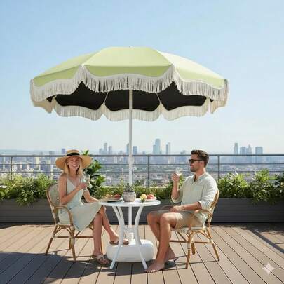 Sombrilla Portátil con Flecos para Playa o Patio, Estilo Vacacional, Recubrimiento Verde y Negro, Protección Solar para Relajación al Aire Libre