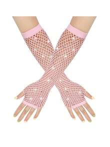 2pcs 1980s Neon Street Party Punk Rhinestone Fishnet Fingerless Gloves, Suitable For Halloween Party, Mother's Day Gift, Ball Dance Hollow Gloves, Party Fishnet Elastic Mesh Gloves, Fashion Neon Fishnet Long Fingerless Gloves - Multicolor - View 5