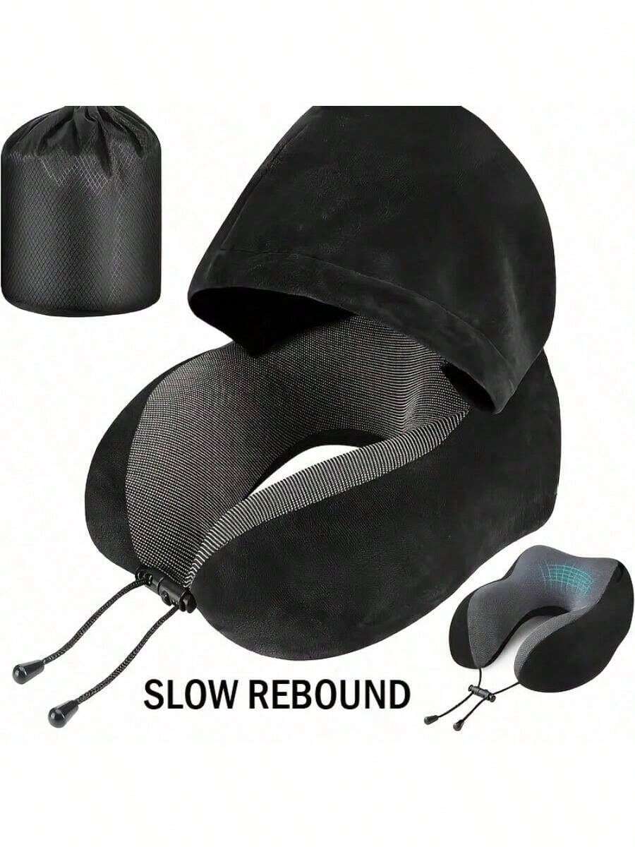 U-Shaped Travel Pillow With Hood - Adjustable, Portable Neck Support Fit For Airplane & Home Use, Medium Soft, Washable Cover - Black - View 1