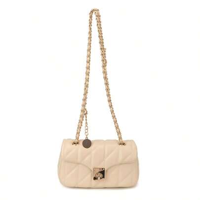 Túi đeo chéo màu be chần bông, túi đeo vai mini thanh lịch có nắp gập và khóa kim loại, túi xách thời trang thường ngày dành cho nữ.