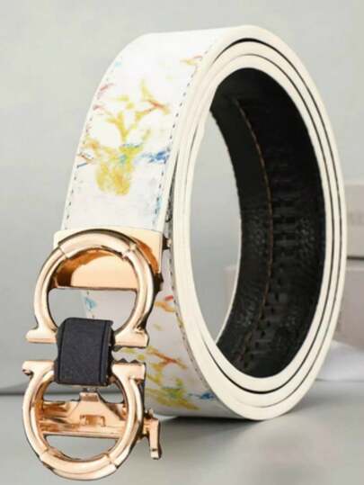 男士时尚白色腰带，水彩花卉印花，双环扣设计，休闲正装皆宜。