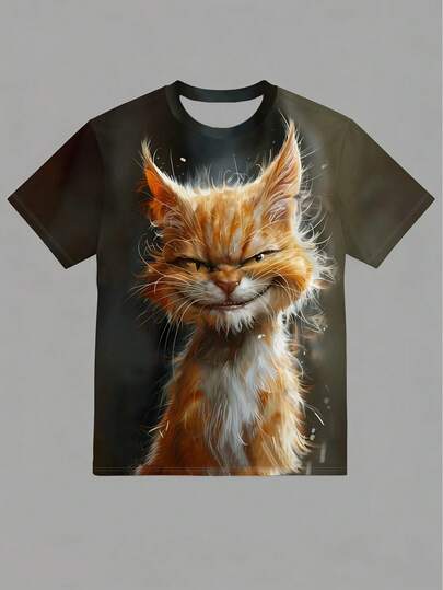 加大码男士3D邪恶微笑猫咪图案T恤，舒适涤纶休闲运动圆领短袖上衣，适合春夏户外穿着，可机洗，常规版型
