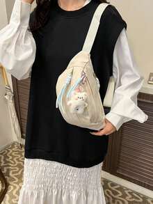 可愛純色女款斜挎包，適合學生夏季街頭風，多功能腰包附泰迪熊吊飾 - 白色 - 查看 3