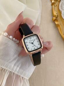 方形女士石英表 时尚复古 精致阿拉伯数字刻度 适合日常佩戴 生日/毕业礼物 - 黑色 - 查看 3