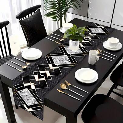 Camino de mesa geométrico - Elegante camino de mesa geométrico en blanco y negro con patrón de diamantes abstractos, estilo bohemio, adecuado para la cocina, el comedor, la fiesta del jardín al aire libre - Poliéster, rectangular, perfecto para la decoración navideña, ideal para Navidad