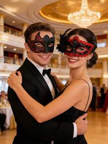 2件套高端情侣化妆舞会威尼斯狂欢节派对道具浪漫黑色塑料面具套装，男女通用万圣节狂欢节面具套装，金色情侣面具套装 - 彩色 - 查看 2