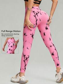 Women Wide Waistband Fashion Tie-Dye Print Fitness Yoga Leggings High-Waisted Tummy Control Running Sports Pants Athletic Training Active Tights - Hot Pink - View 4