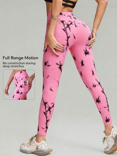 Women Wide Waistband Fashion Tie-Dye Print Fitness Yoga Leggings High-Waisted Tummy Control Running Sports Pants Athletic Training Active Tights