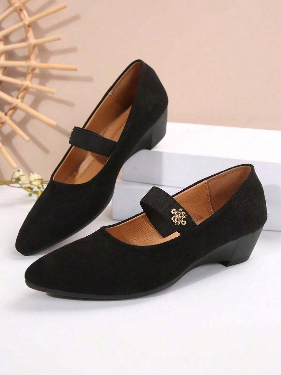 Women's Elastic Strap Strap Wedge Soft Sole Comfortable Pointed Toe Black Canvas Flat Shoes, Plus Size - 黑色 - 查看 1