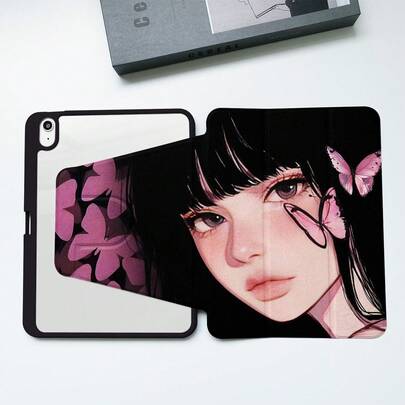 1pc Premium Butterfly Girl Element Elegant Black Shockproof Trifold Case With Sleep/Wake Function, Acrylic Backboard, Protective Camera Cover, Suitable For IPad 10.2 8th Gen 2020/Air 11-In.(M2)-2024/Pro11-In.(M4)-2024/10th Gen/11th A16/Pro12.9/Air 4/5 10.9"/Pro 11"(2022), Honor, Fashionable Choice For Stylish Users