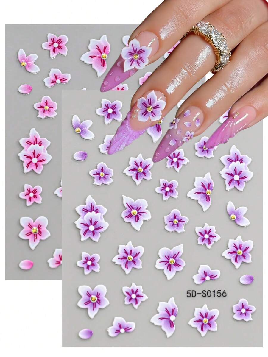 2 piezas Pegatinas de uñas 5D con flores de cerezo rosas y moradas, decoraciones de pétalos primaverales y veraniegos, calcomanías de flores de 5 pétalos estilo Y2K para arte de uñas