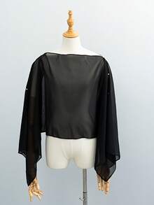 1 Pc Women's Chiffon Bead Scarf Shawl, Dress, Wedding Party, Elegant Summer Outdoor Outfit Bohemian Style - Black - View 6