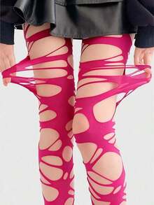 ROMWE Goth Sexy Lady Ripped Fishnet Black Tights - 玫紅色 - 查看 1