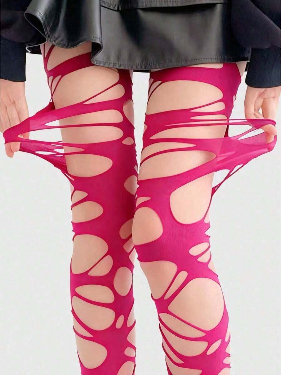 ROMWE Goth Sexy Lady Ripped Fishnet Black Tights - 玫紅色 - 查看 1