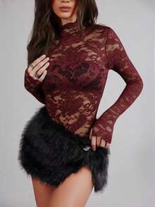 Women's Long Sleeve Bodysuit With High Neck And Transparent Lace - Sexy Fashion Lace - Burgundy - View 6