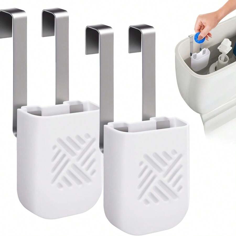 一套壁挂式固体马桶清洁剂分配器 - 可更换储罐式，马桶清洁剂支架。包含不锈钢支架、马桶清洁剂收纳盒、缓释清洁剂功能，方便清洁马桶。