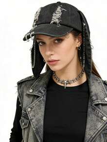 1 chiếc mũ lưỡi trai nữ kiểu Y2K tai thỏ rách rưới, mũ snapback phong cách đường phố hip hop độc đáo. - mũ thỏ - Xem 1