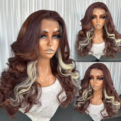 13"X4" Brown Lace Front Wig, 20" Wavy Synthetic Hair, Glueless Kanekalon Fiber, 150% Density, Transparent Hairline, Beginner Friendly, For Daily, Party, Holiday Use