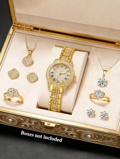 9pcs Elegant Luxury Teenage Analog Wrist Watch Set, Gold Tone Band Stainless Steel Strap, Quartz Watch With Hollow Square Pendant Necklace Bracelet Earrings Jewelry Set, Best Birthday Gift For Her, Suitable For Daily, Party, Christmas, Valentine's Day