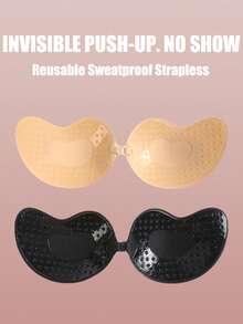 2pcs Seamless Invisible Lift Bra, Women's Backless Strapless Bra, Seamless Self-Adhesive Silicone Nipple Covers, Suitable For Wedding Dresses, Skin Color And Black, Reusable, Suitable For All Seasons - Multicolor - View 2