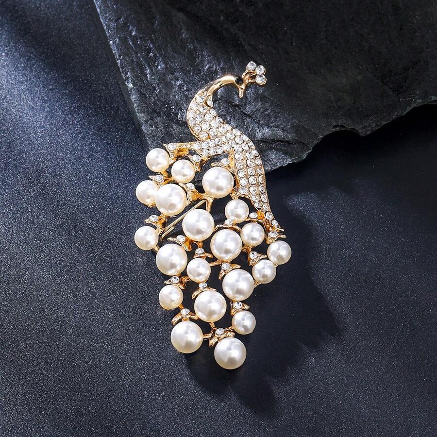 1枚优雅孔雀锌合金仿珍珠胸针，适合女性在婚礼、派对、正式场合、搭配外套、西装外套、母亲节、节日礼物等场合佩戴。 - 金色 - 查看 1