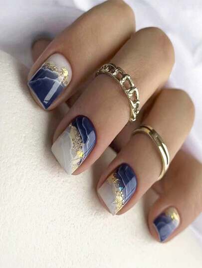 24pcs Short Glossy Square Nail Tips, European And American Cross-Border Minimalist Style Deep Blue Marble Line Glitter Nail Art Decals