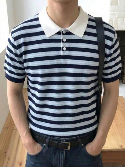 男士休闲宽松简约撞色条纹韩版商务/校园/休闲 Polo 领纽扣短袖 T 恤针织衫，蓝色毛衣
