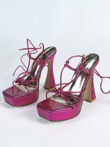 13.2cm Platform Fuchsia Square Toe Criss-Cross Strap High Heel Sandals, Runway Show/Performance Shoes, Waterproof, Super High Heels For Nightclub - Hot Pink - View 2